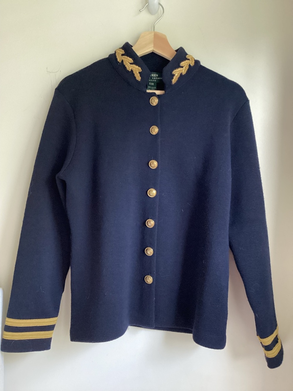 Vintage Lauren Ralph Lauren Navy Merino Wool Military Cardigan Jacket Petite Med